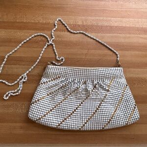 Vintage, metallic white and gold chain link purse with linen lining